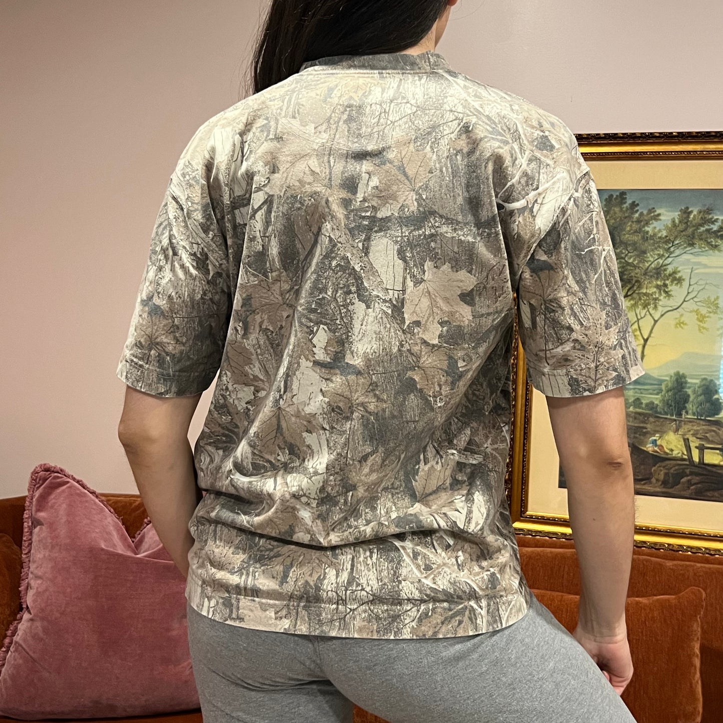 DUMP YOUR REPUBLICAN BOYFRIEND camo t-shirt with orange text (S)