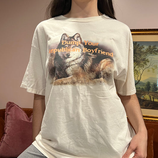 DUMP YOUR REPUBLICAN BOYFRIEND wolf t-shirt with orange text (XL)