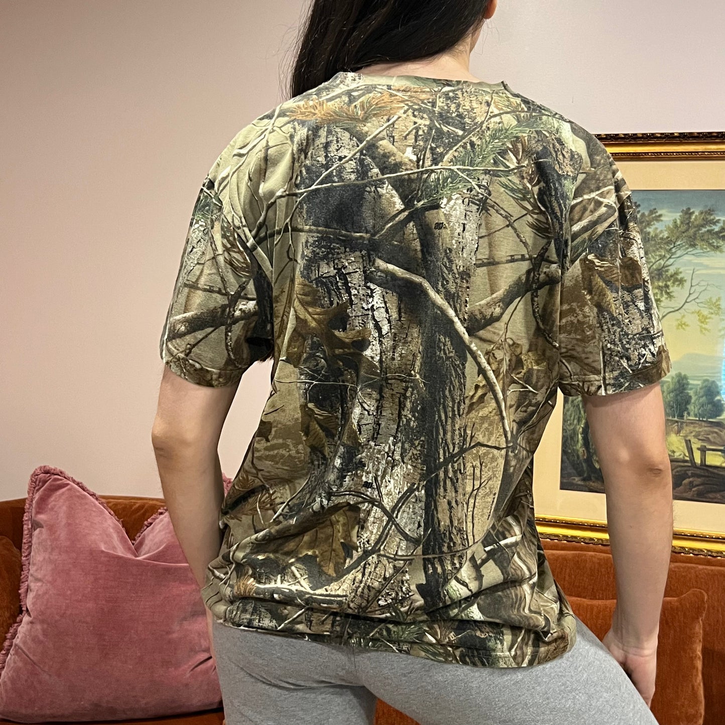 DUMP YOUR REPUBLICAN BOYFRIEND camo t-shirt with orange text (L)