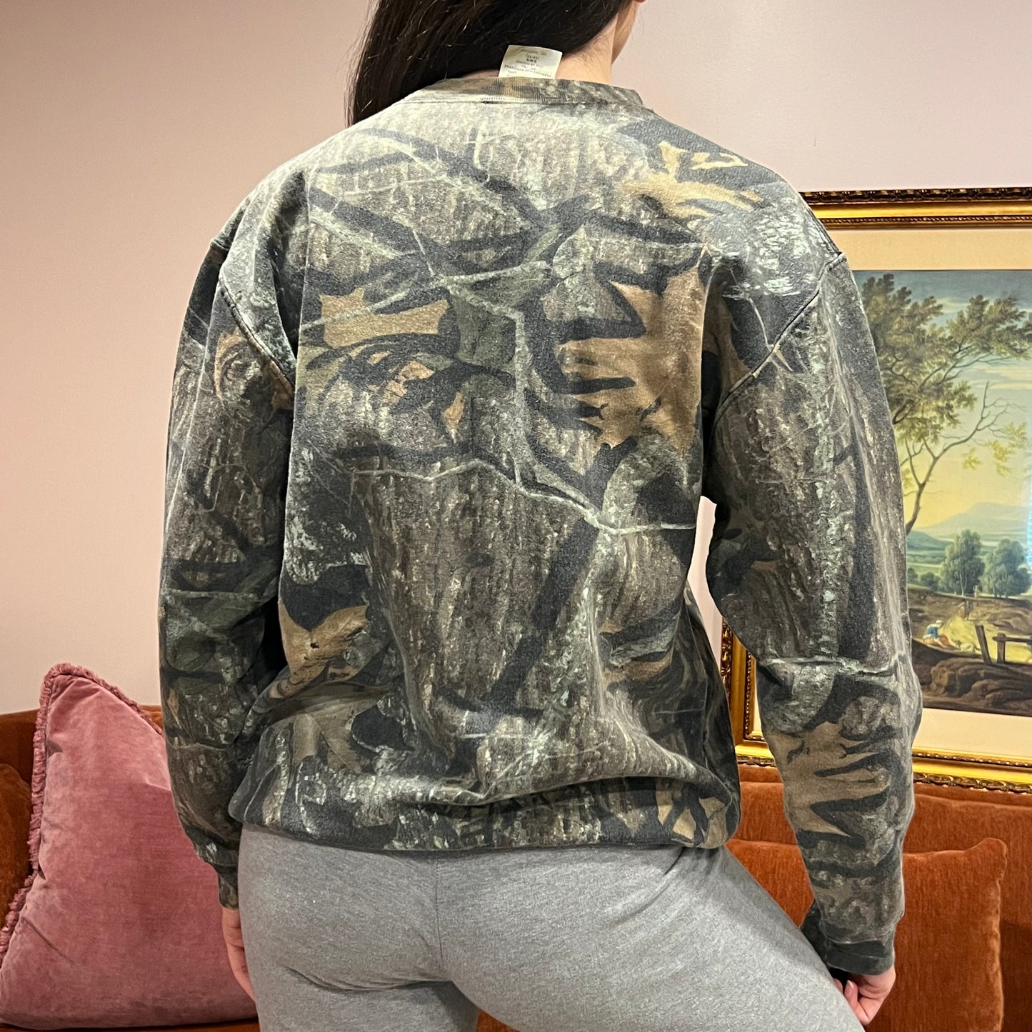 DUMP YOUR REPUBLICAN BOYFRIEND camo crewneck with orange text (M)