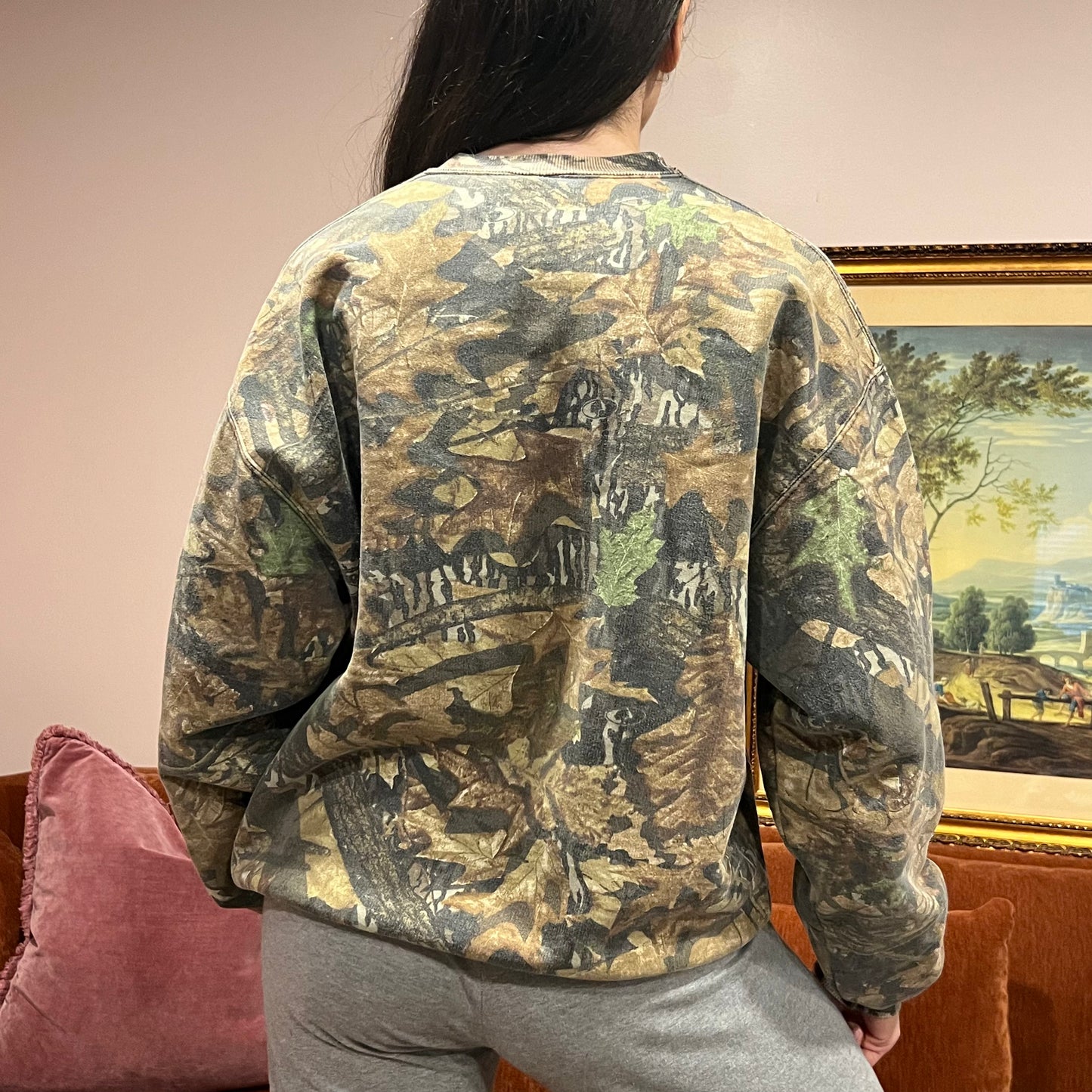 DUMP YOUR REPUBLICAN BOYFRIEND camo crewneck with pink text (L)