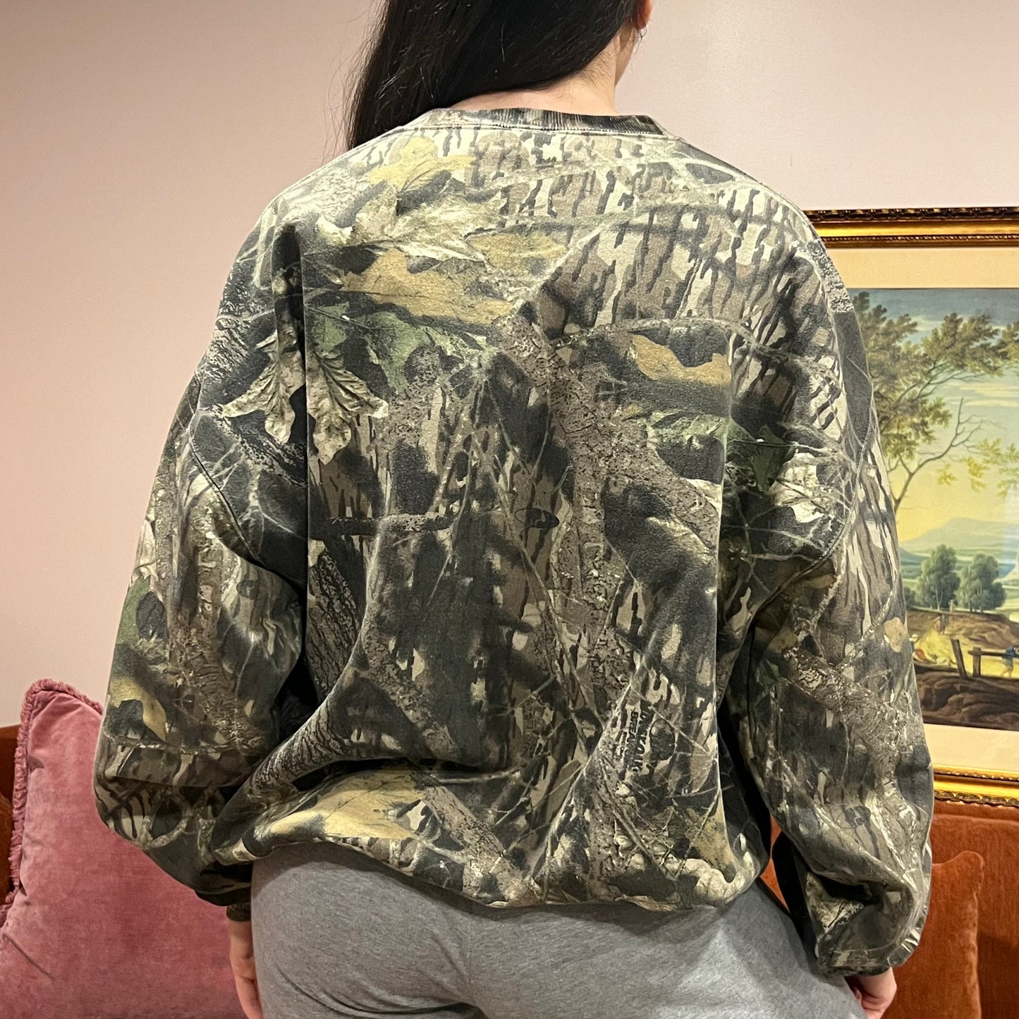 DUMP YOUR REPUBLICAN BOYFRIEND camo crewneck with pink text (XL)