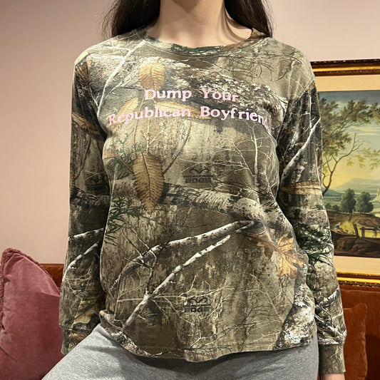 DUMP YOUR REPUBLICAN BOYFRIEND camo long sleeve t-shirt with pink text (L)