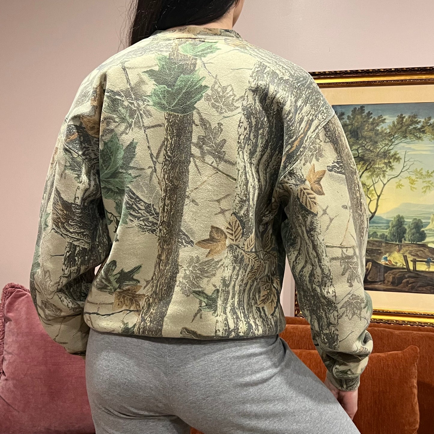 DUMP YOUR REPUBLICAN BOYFRIEND camo crewneck with pink text (M)