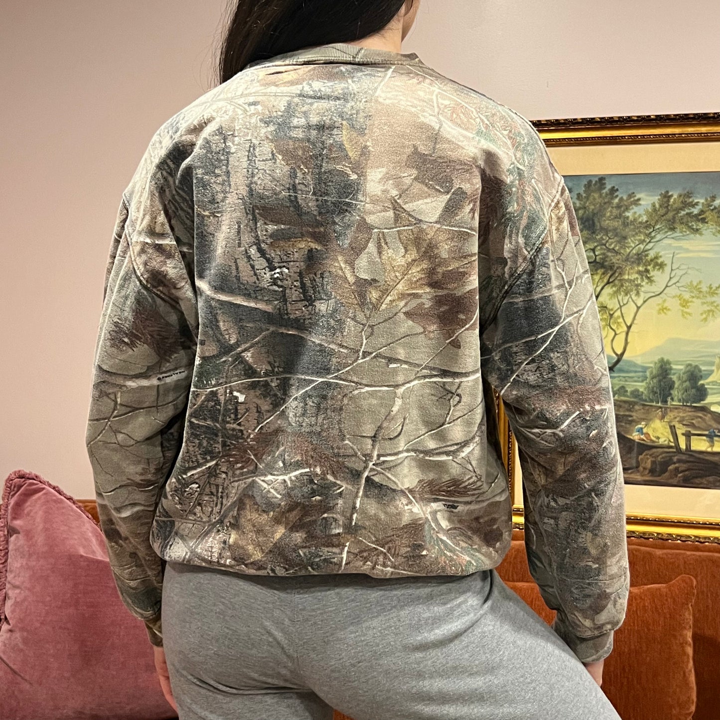 DUMP YOUR REPUBLICAN BOYFRIEND camo crewneck with pink text (M)