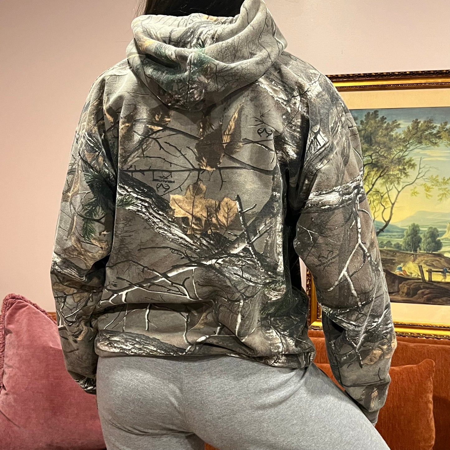 DUMP YOUR REPUBLICAN BOYFRIEND camo hoodie with pink text (L)