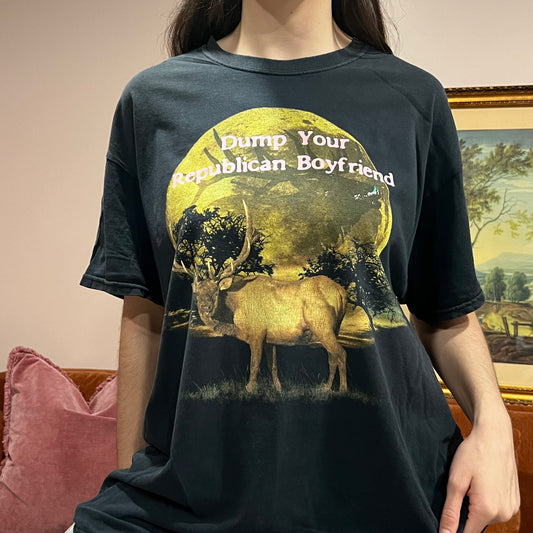 DUMP YOUR REPUBLICAN BOYFRIEND deer t-shirt with pink text (XL)