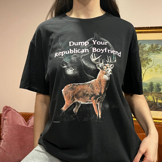 DUMP YOUR REPUBLICAN BOYFRIEND deer t-shirt with pink text (XL)