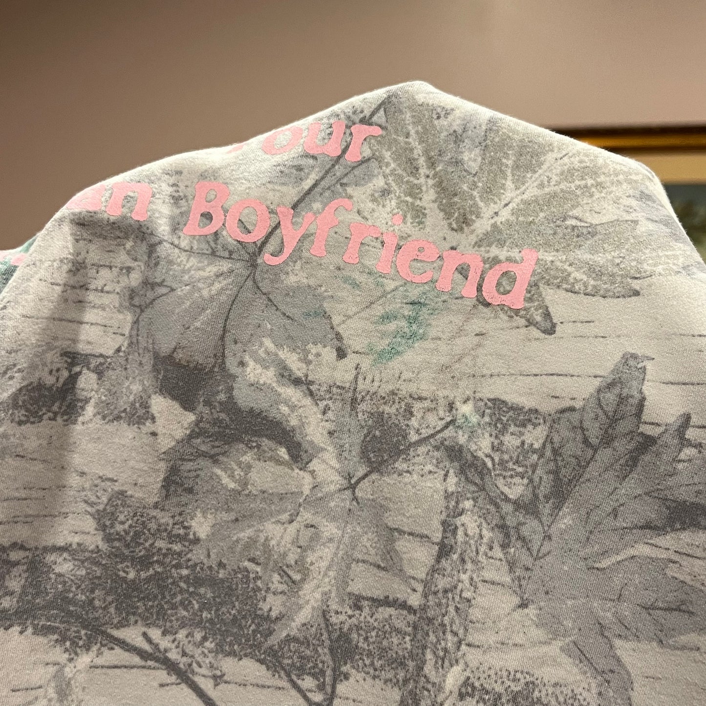 DUMP YOUR REPUBLICAN BOYFRIEND white camo t-shirt with pink text (M)