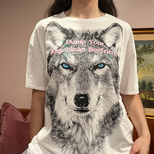 DUMP YOUR REPUBLICAN BOYFRIEND wolf t-shirt with pink text (XL)