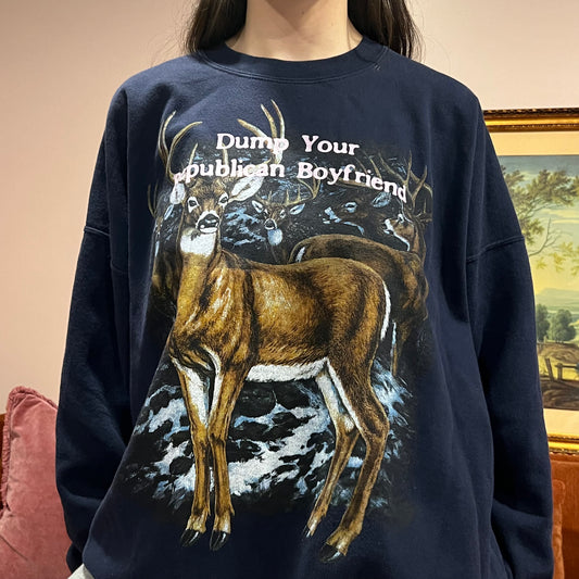 DUMP YOUR REPUBLICAN BOYFRIEND deer crewneck with pink text (2XL)