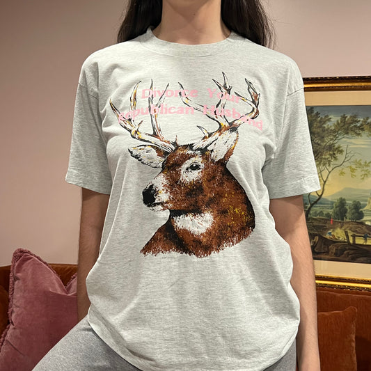 DIVORCE YOUR REPUBLICAN HUSBAND deer t-shirt with pink text (L)