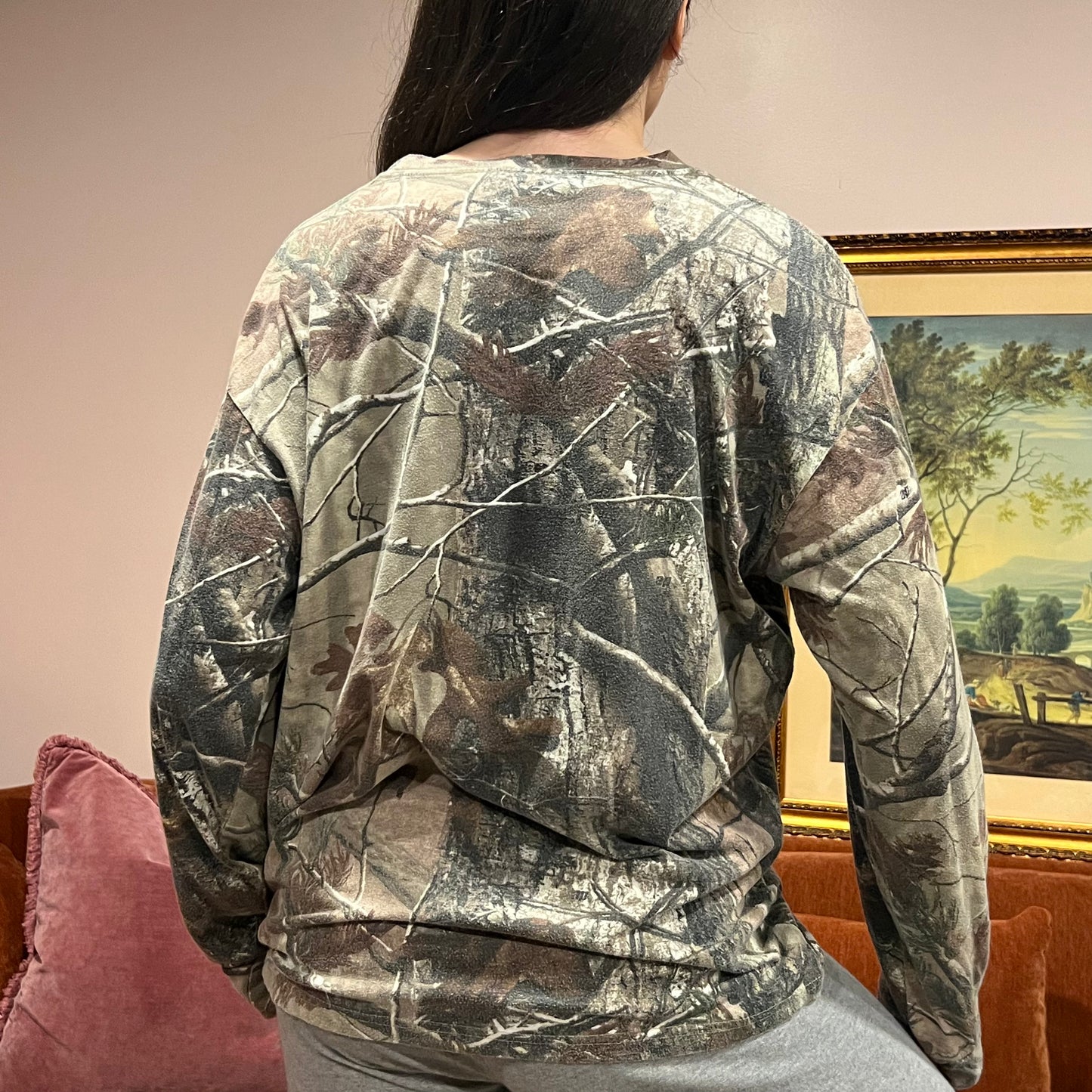 DIVORCE YOUR REPUBLICAN HUSBAND camo long sleeve t-shirt with pink text (XL)