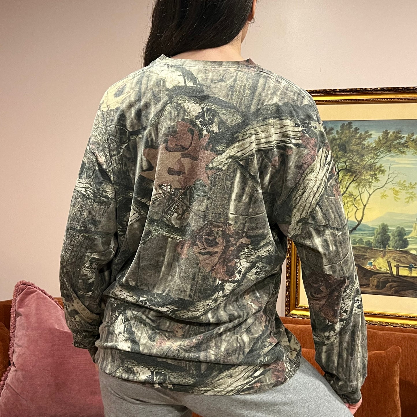DIVORCE YOUR REPUBLICAN HUSBAND camo long sleeve t-shirt with pink text (XL)