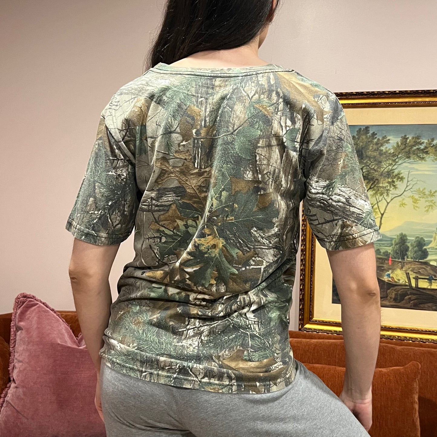 DIVORCE YOUR REPUBLICAN HUSBAND camo t-shirt with pink text (M)