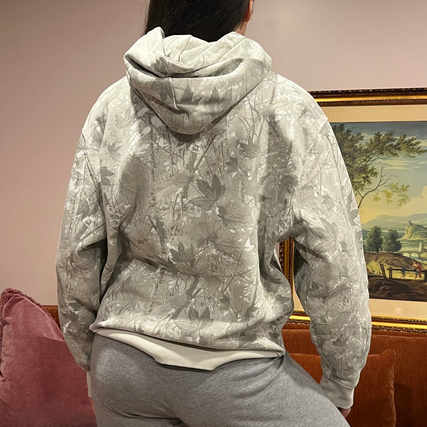 DIVORCE YOUR REPUBLICAN HUSBAND white camo hoodie with pink text (M)