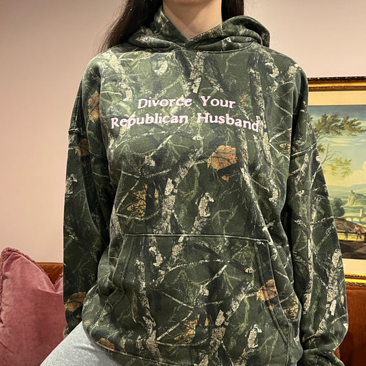 DIVORCE YOUR REPUBLICAN HUSBAND camo hoodie with pink text (L)