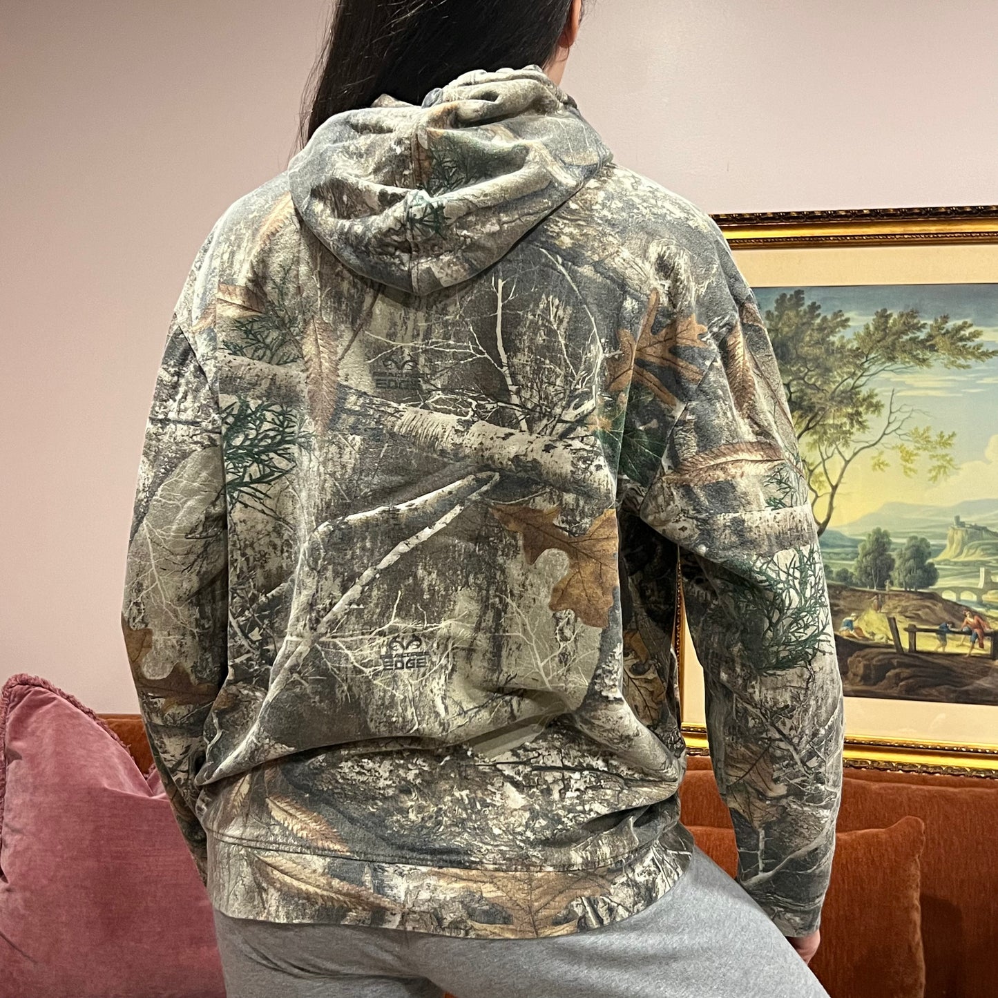 DIVORCE YOUR REPUBLICAN HUSBAND camo hoodie with pink text (M)