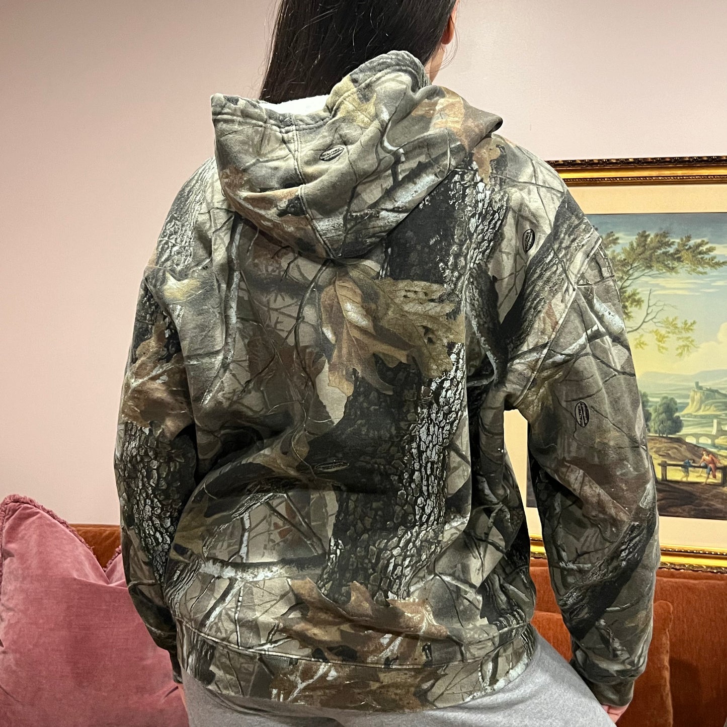 DIVORCE YOUR REPUBLICAN HUSBAND camo hoodie with pink text (L)