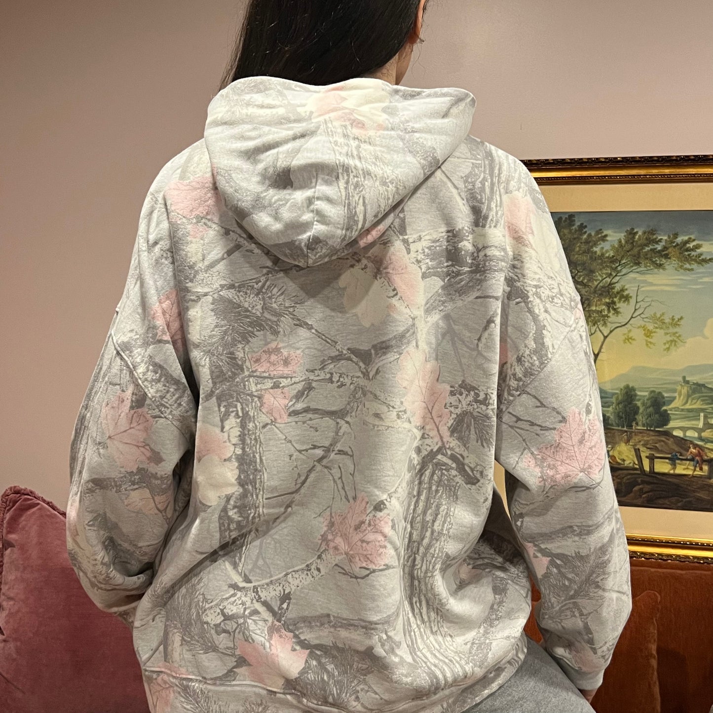 DIVORCE YOUR REPUBLICAN HUSBAND white camo hoodie with pink text (L)