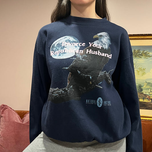 DIVORCE YOUR REPUBLICAN HUSBAND eagle crewneck with pink text (L)