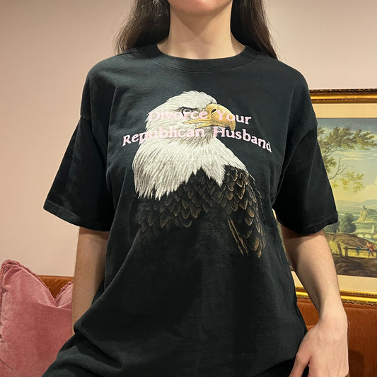 DIVORCE YOUR REPUBLICAN HUSBAND eagle t-shirt with pink text (XL)