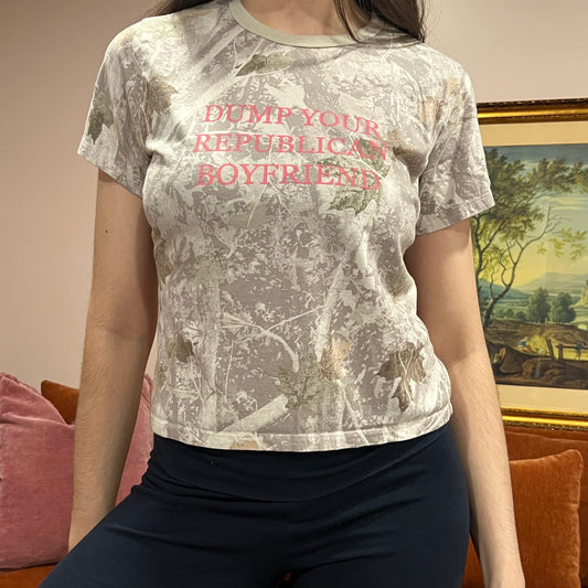 DUMP YOUR REPUBLICAN BOYFRIEND white camo t-shirt with pink text (S)