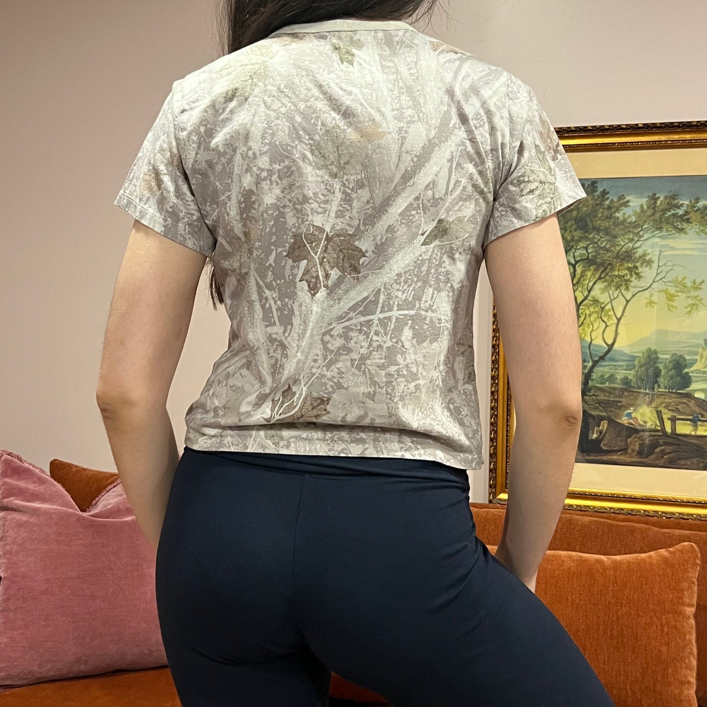DUMP YOUR REPUBLICAN BOYFRIEND white camo t-shirt with pink text (S)