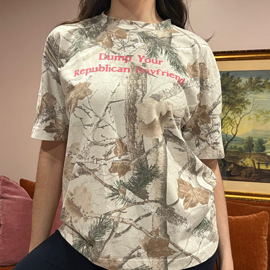 DUMP YOUR REPUBLICAN BOYFRIEND white camo t-shirt with pink text (M)