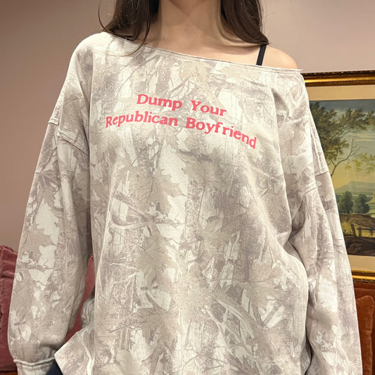 DUMP YOUR REPUBLICAN BOYFRIEND white camo crewneck with pink text (XL)