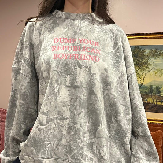 DUMP YOUR REPUBLICAN BOYFRIEND white camo crewneck with pink text (XXL)