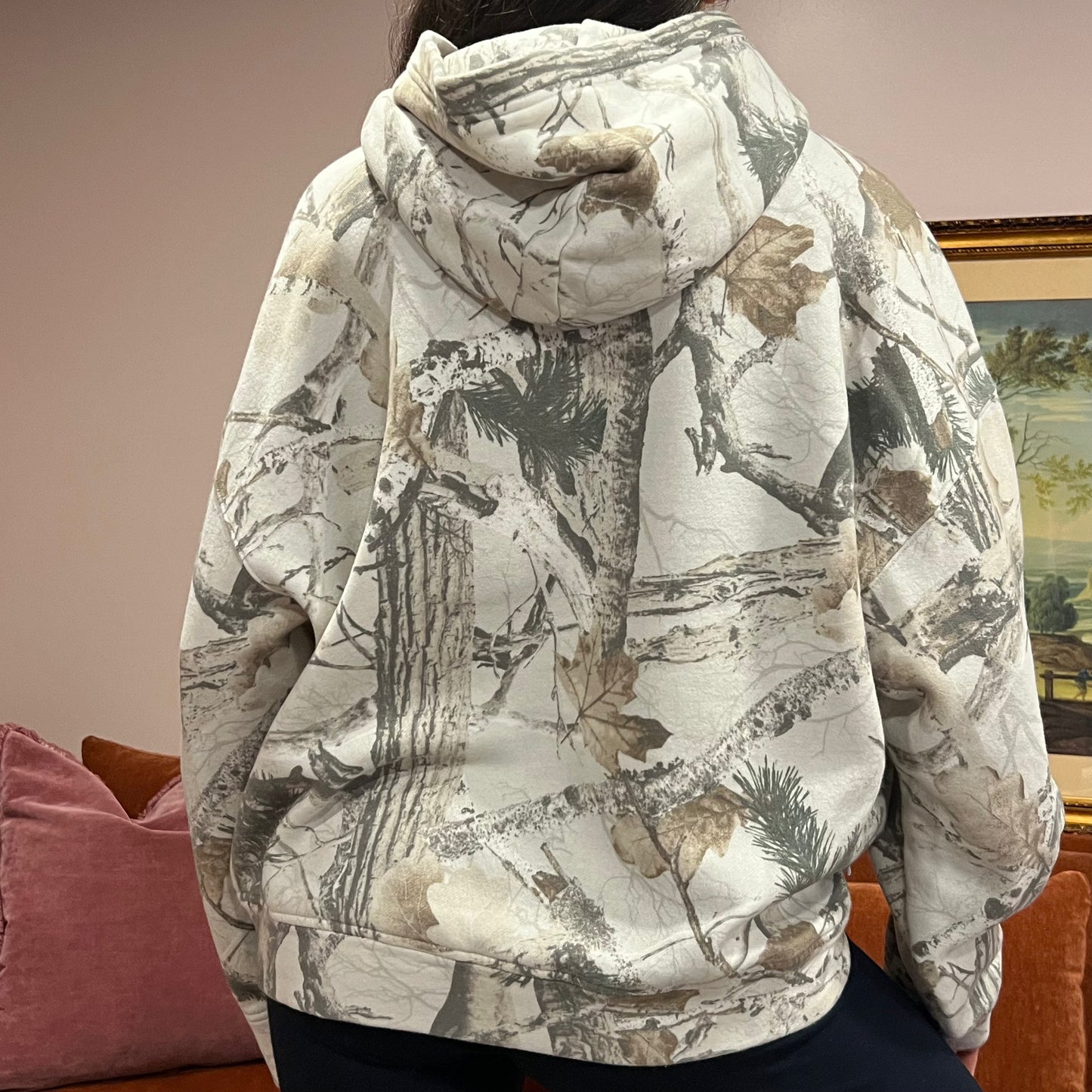 DUMP YOUR REPUBLICAN BOYFRIEND white camo hoodie with pink text (L)