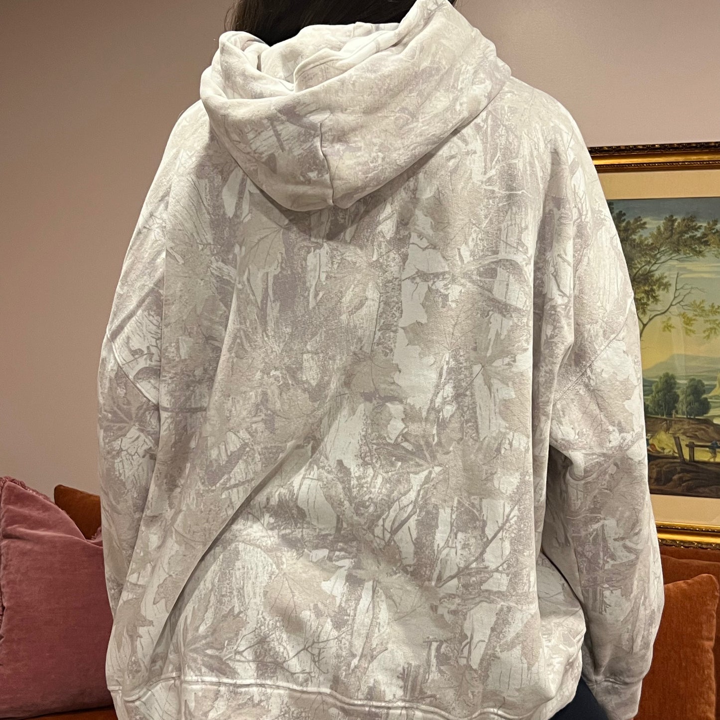DUMP YOUR REPUBLICAN BOYFRIEND white camo hoodie with pink text (XL)