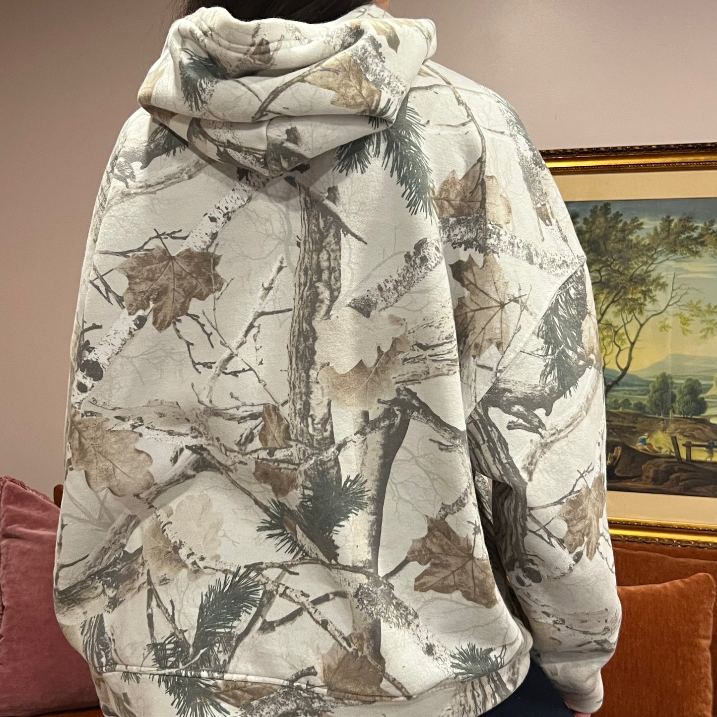 DUMP YOUR REPUBLICAN BOYFRIEND white camo hoodie with pink text (XL)