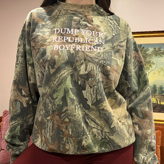DUMP YOUR REPUBLICAN BOYFRIEND camo crewneck with pink text (L)