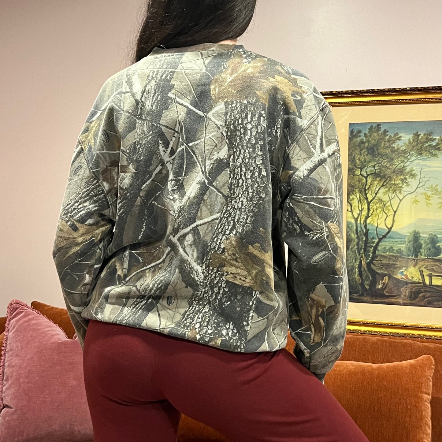 DUMP YOUR REPUBLICAN BOYFRIEND camo crewneck with pink text (L)