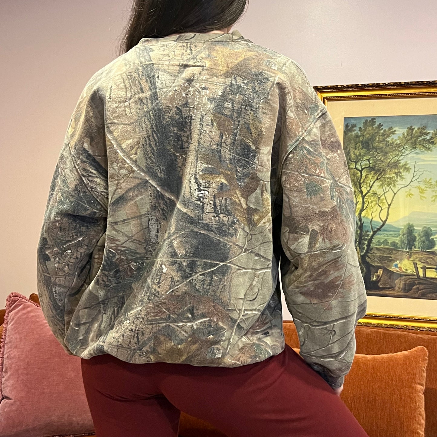 DUMP YOUR REPUBLICAN BOYFRIEND camo crewneck with pink text (L)