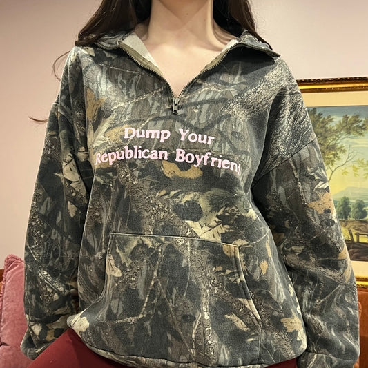 DUMP YOUR REPUBLICAN BOYFRIEND camo zip-up with pink text (XL)