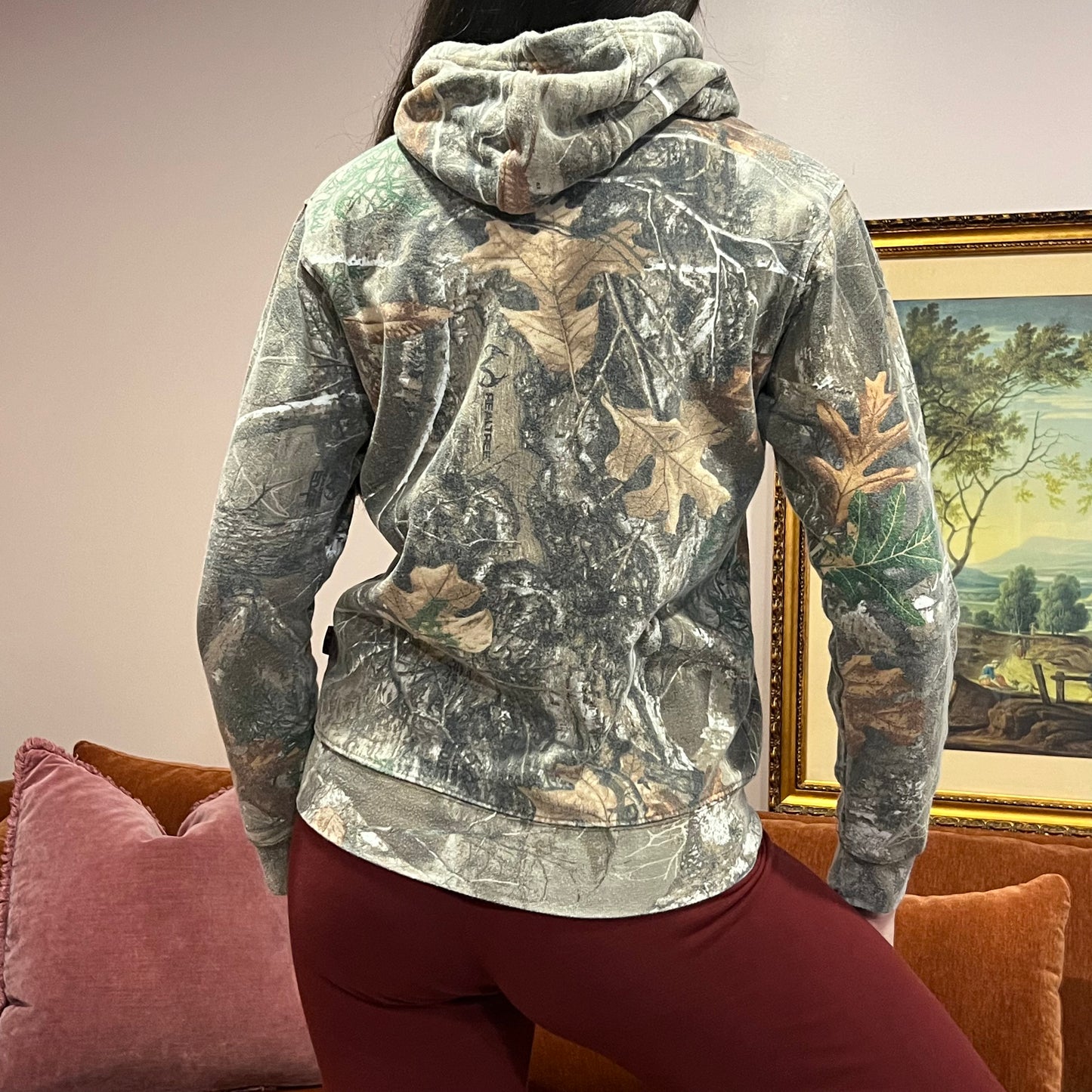 DUMP YOUR REPUBLICAN BOYFRIEND camo hoodie with pink text (M)