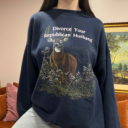 DIVORCE YOUR REPUBLICAN HUSBAND animal crewneck with pink text (2XL)