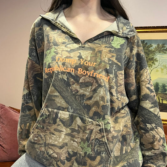 DUMP YOUR REPUBLICAN BOYFRIEND camo zip-up with orange text (2XL)