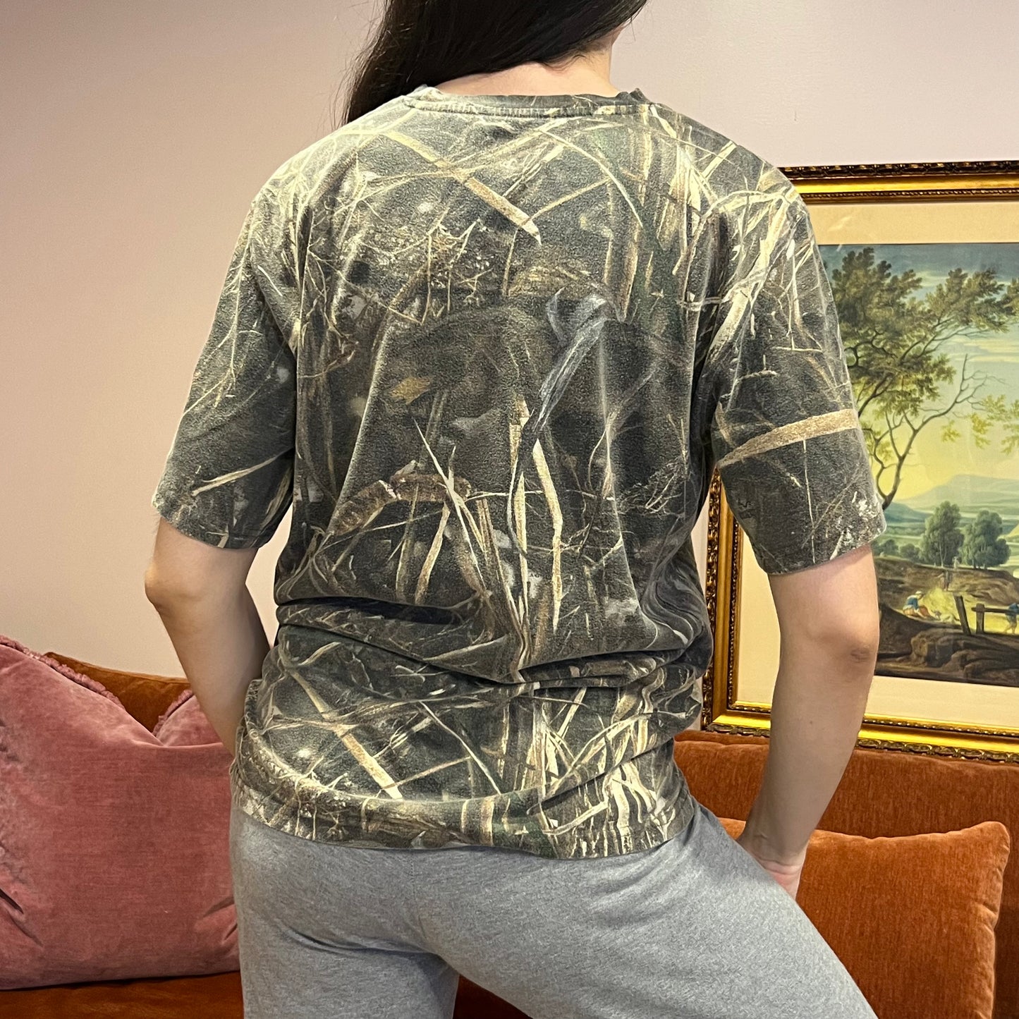 DUMP YOUR REPUBLICAN BOYFRIEND camo t-shirt with orange text (M)