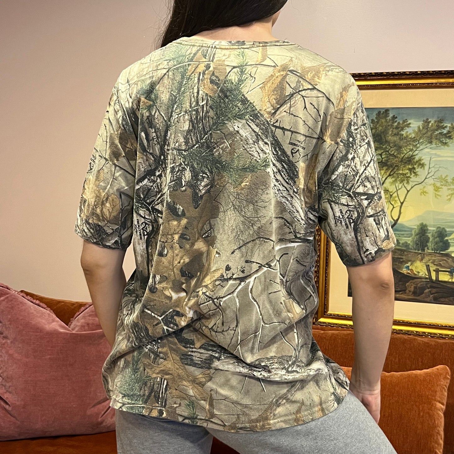DUMP YOUR REPUBLICAN BOYFRIEND camo t-shirt with orange text (L)