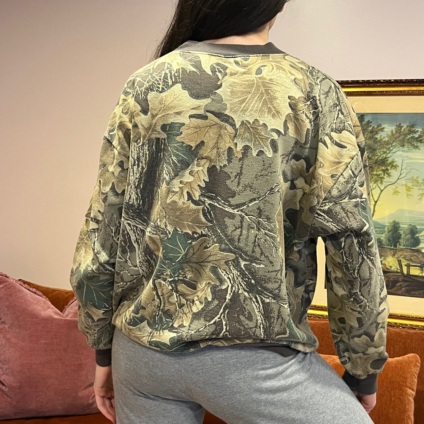 DUMP YOUR REPUBLICAN BOYFRIEND camo crewneck with orange text (L)
