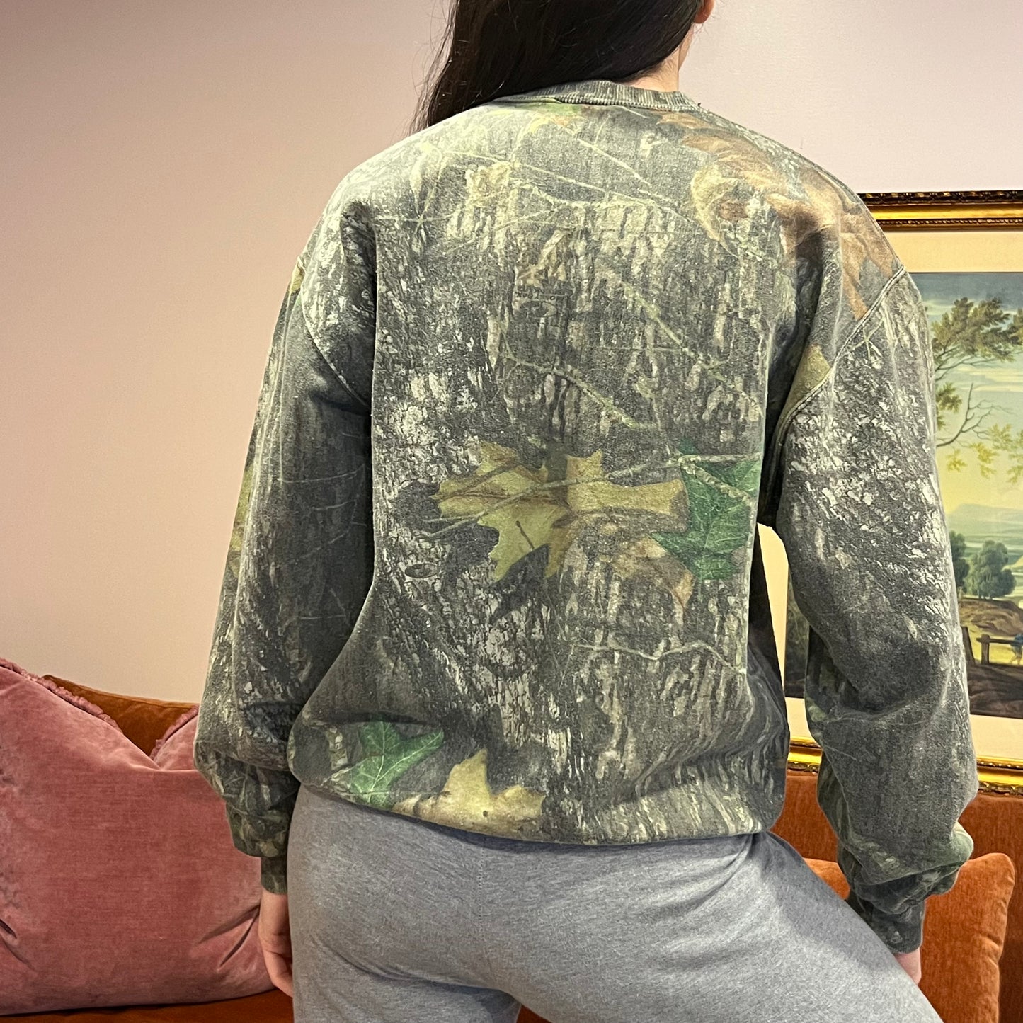 DUMP YOUR REPUBLICAN BOYFRIEND camo crewneck with orange text (M)