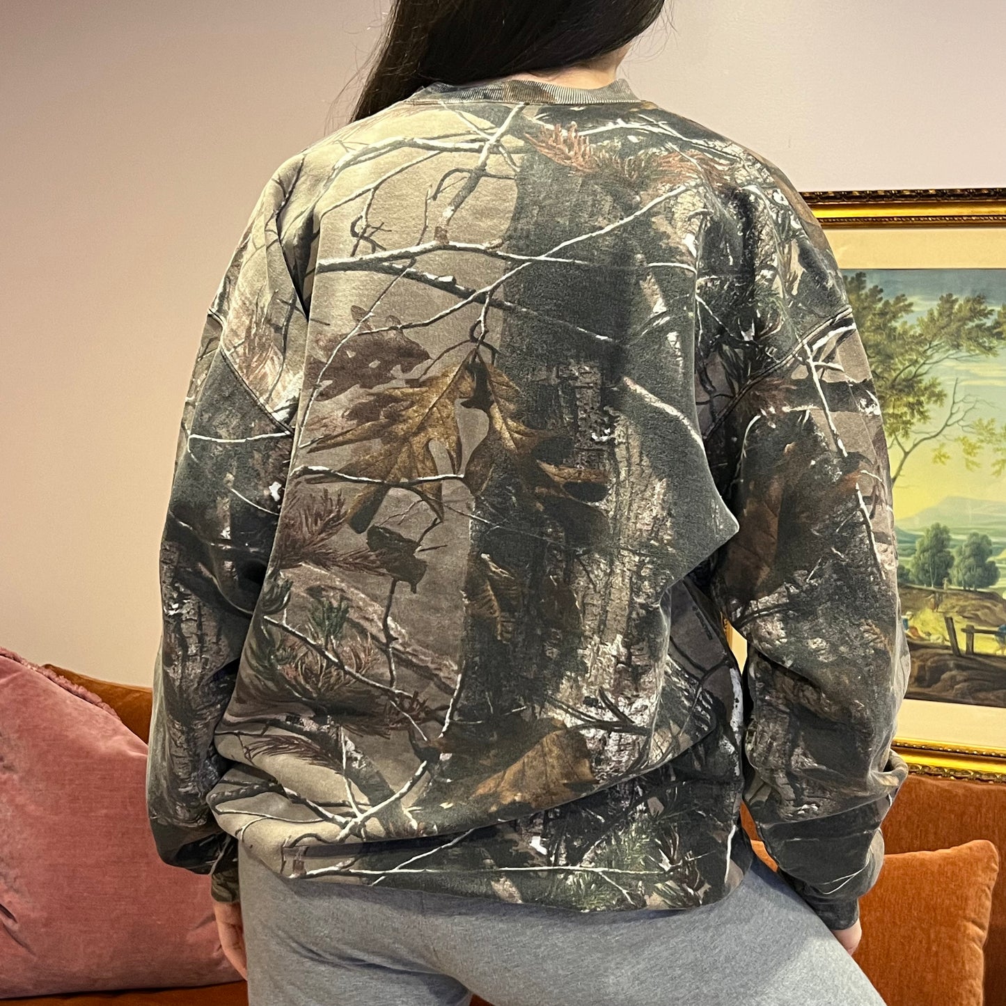 DUMP YOUR REPUBLICAN BOYFRIEND camo crewneck with orange text (XL)