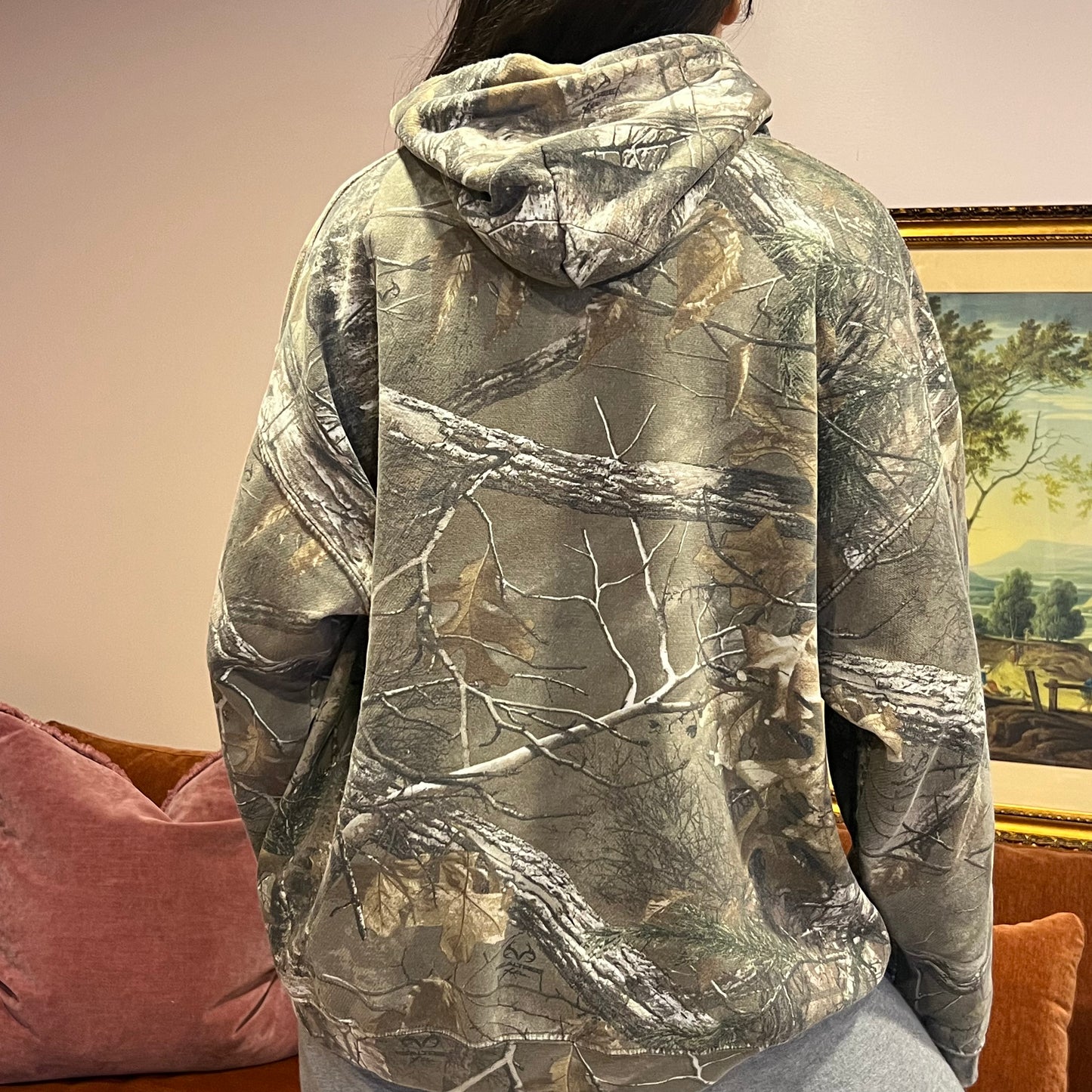 DUMP YOUR REPUBLICAN BOYFRIEND camo hoodie with orange text (XL)