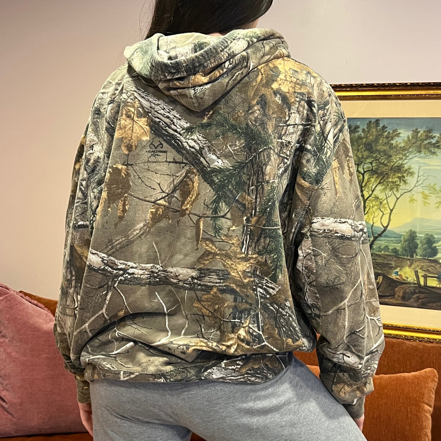 DUMP YOUR REPUBLICAN BOYFRIEND camo hoodie with orange text (XL)