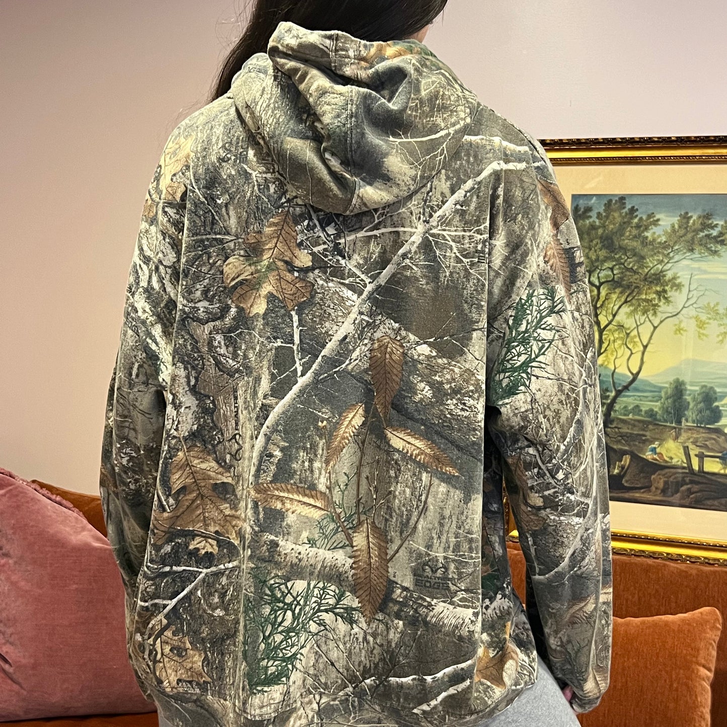 DUMP YOUR REPUBLICAN BOYFRIEND camo hoodie with orange text (XL)