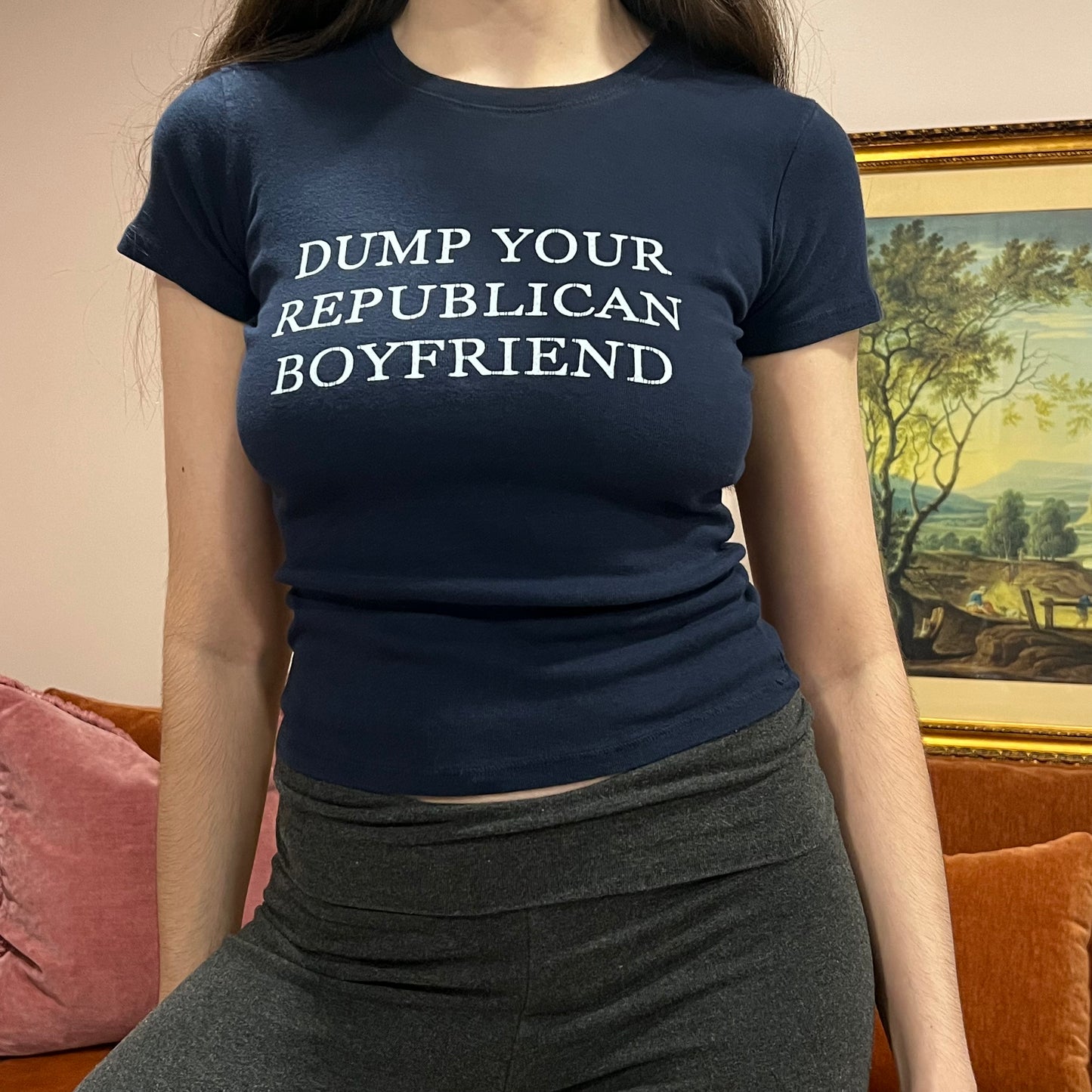 DUMP YOUR REPUBLICAN BOYFRIEND navy t-shirt with white text (XS/S)